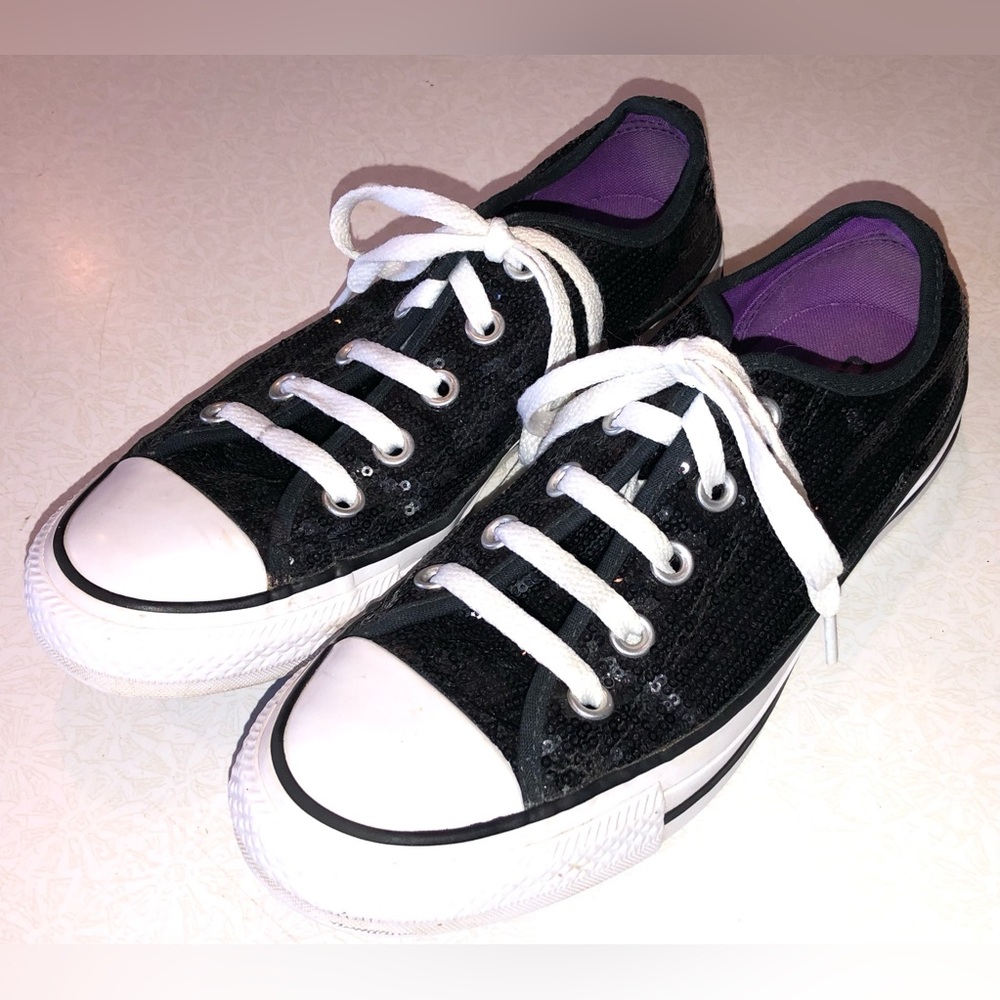 Converse Black Sequin Low-Top Sneakers with White Laces and Purple Lining - 6